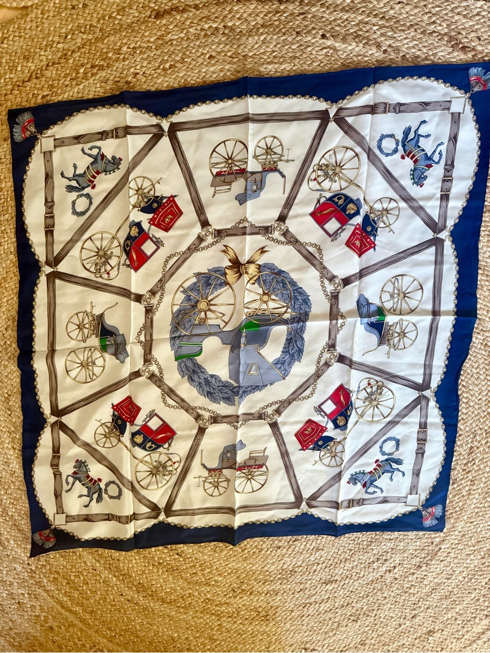 Vintage-Style Equestrian Carriage Square Silk Scarf Navy & Red 35” x 35”